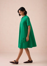 A Model Wearing Green Poplin Bright Blessings Mandarin Collar Organic Cotton Dress, curated by Only Ethikal